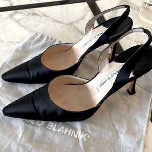 Manolo Blahnik Black Satin Slingback Pumps